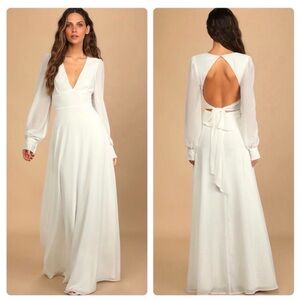 Lulu's White V-Neck Open-Back Maxi Dress